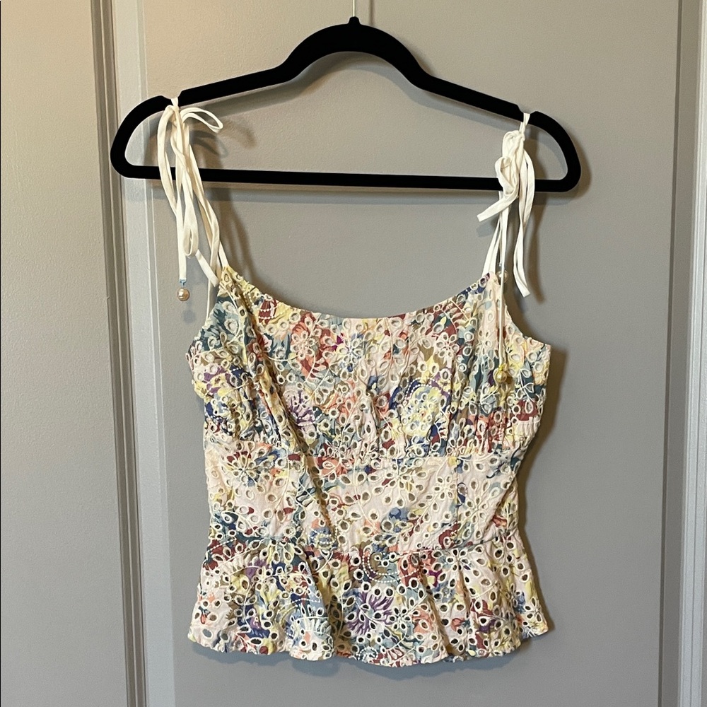 Tie-Shoulder Eyelet Peplum Top in Cream Multicolor